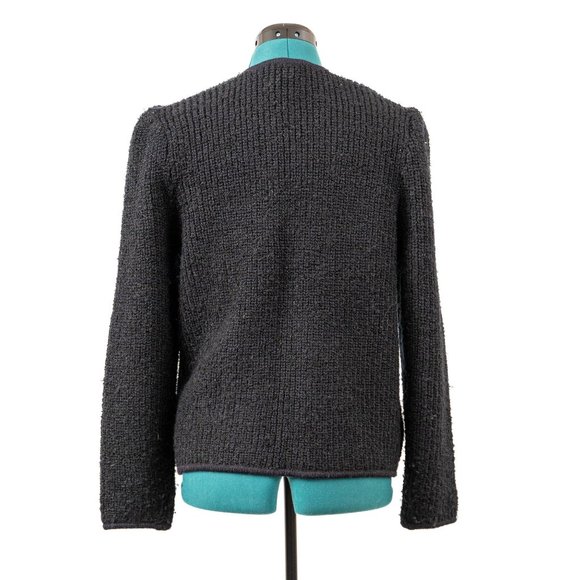 Vintage 80s Knit Cardigan Sweater Chunky Black Minimal Puff Gathered Shoulder Wo - Picture 2 of 3